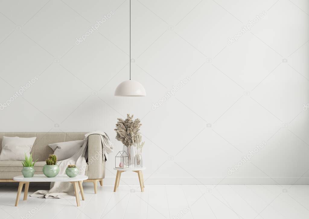 Empty living room with brown color sofa/ornamental glass jar and table on empty white wall background. 3D rendering
