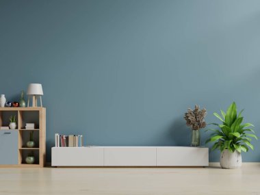 Kabine TV boş iç odada, ahşap raflı karanlık duvar, lamba, bitkiler ve masa ahşabı, 3D görüntüleme