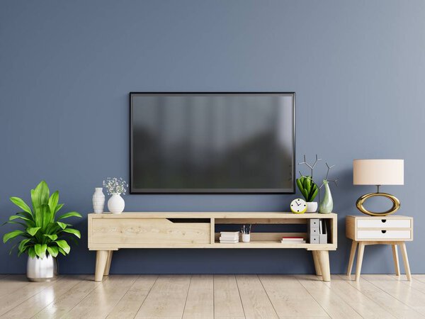 Smart TV on the dark blue wall in living room, minimal design, 3d rendering
