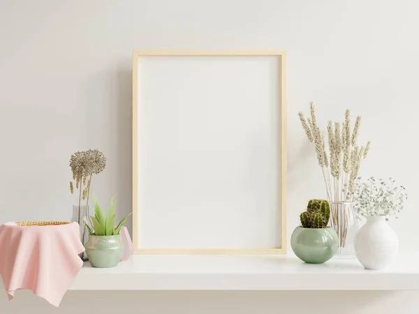 Houten Frame Leunend Witte Plank Helder Interieur Met Planten Tafel — Stockfoto