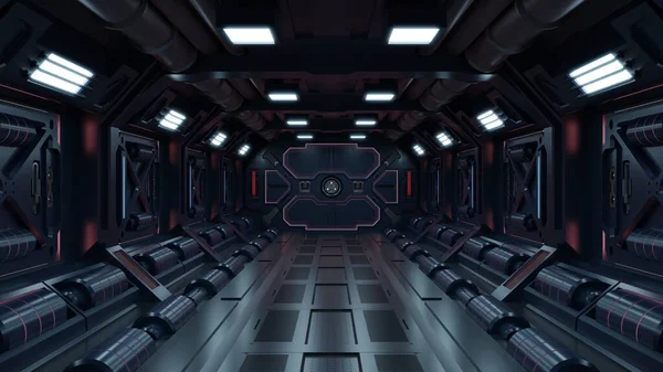 サイエンスバックグランドフィクションインテリアレンダリングSf宇宙船の廊下赤光 3Dレンダリング — ストック写真