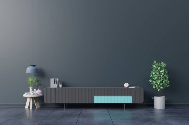 Kabine TV boş iç odada, ahşap raflı karanlık duvar, lamba, bitkiler ve masa ahşabı, 3D görüntüleme