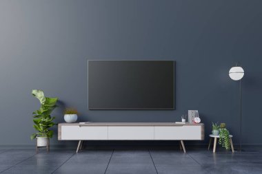 Oturma odasındaki karanlık duvarda LED TV, minimal tasarım, 3D görüntüleme