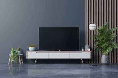 Oturma odasındaki karanlık duvarda LED TV, minimal tasarım, 3D görüntüleme
