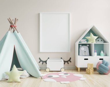 Çocuk odası, çocuk odası, çocuk odası, bebek odası modeli, beyaz duvar, 3 boyutlu tasarım.