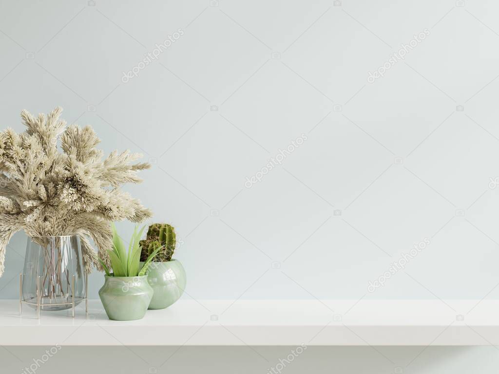 Mockup wall with plants on Shelf wooden,3d rendering