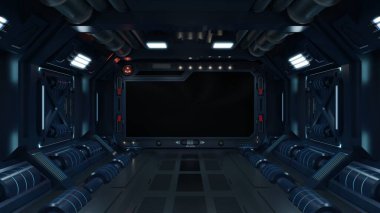 Bilim kurgu iç mekan bilim kurgu odası bilim kurgu uzay gemisi koridorları mavi, 3D
