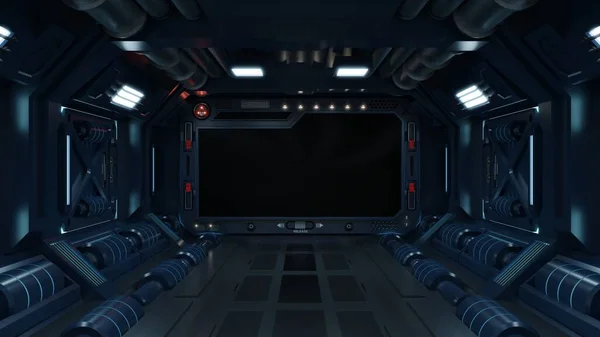 科幻小说内室科幻宇宙飞船走廊蓝色 3D渲染 — 图库照片