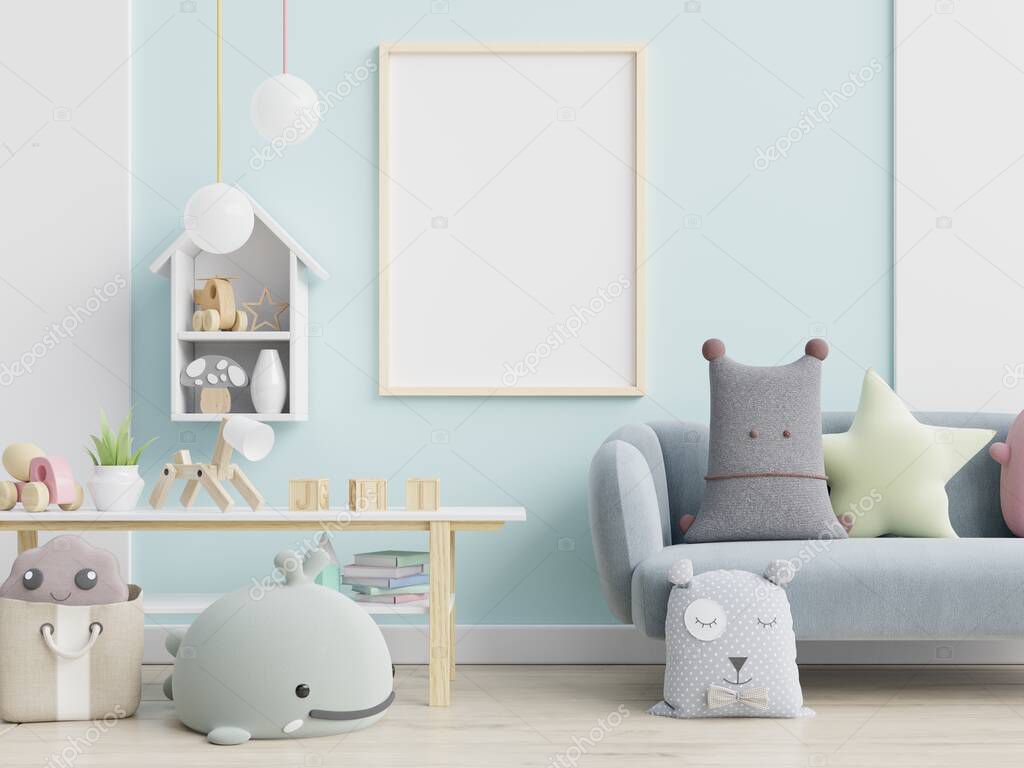 Blue sofa and doll,cute pillows in elegant child's room with posters on the wall.3d rendering