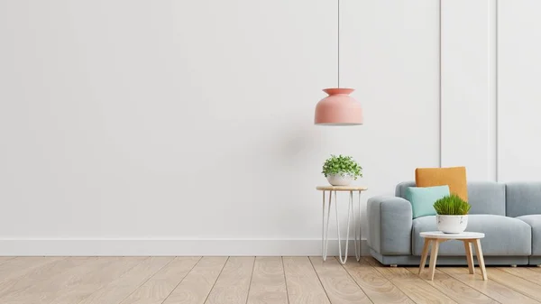 Leeres Wohnzimmer Mit Blauem Sofa Pflanzen Und Tisch Auf Leerem — Stockfoto