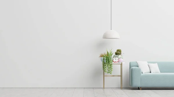 Leeres Wohnzimmer Mit Blauem Sofa Pflanzen Und Tisch Auf Leerem — Stockfoto