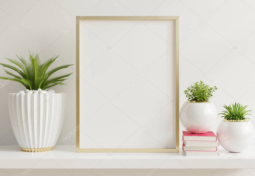 Home interior poster mock up with vertical metal frame with ornamental plants in pots on empty wall background.3D rendering