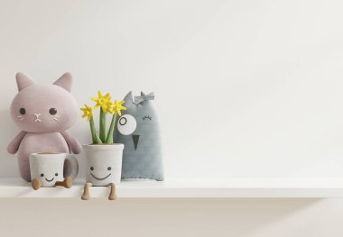 Çocuk odasındaki duvar, beyaz rafın 3D görüntüsü.