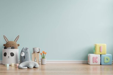 Çocuk odasındaki duvarın mavi duvar arkaplanının 3D görüntüsünü al.