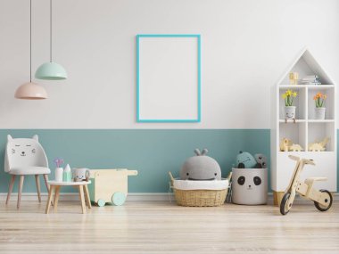 Çocuk odasındaki posterleri, boş beyaz duvar arkaplanına posterleri, 3D görüntüleme