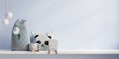 Çocuk odasındaki mavi duvar, beyaz rafın 3D görüntüsü.