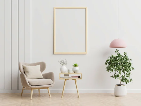 Oturma odasındaki boş beyaz duvarda dikey çerçeveli poster modeli. İçi mavi kadife zırh 3D.