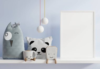 Çocuk odasının iç kısımlarına posterleri, boş mavi duvar arkaplanlarına posterleri, 3D görüntüleme