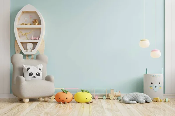 Mock Wall Children Room Blue Color Wall Background Rendering — Stock Photo, Image