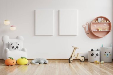 Çocuk odasının içindeki posterleri, boş beyaz duvar arkaplanına posterleri, 3D görüntüleme