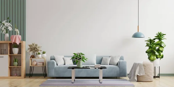 modern oturma odasının içinde kanepe lambası ve beyaz arka planda yeşil bitkiler, minimal tasarımlar, 3D görüntüleme