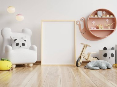 Çocuk odasındaki posterleri, boş beyaz duvar arkaplanına posterleri, 3D görüntüleme