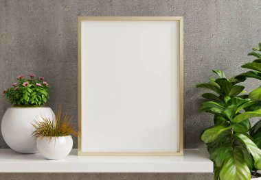 Ev içi poster, boş beton duvardaki saksılardaki süs bitkileriyle birlikte dikey metal çerçeve ile modellenir.