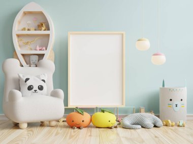 Çocuk odası, çocuk odası, çocuk odası, bebek odası modeli, mavi duvar, 3 boyutlu resim.