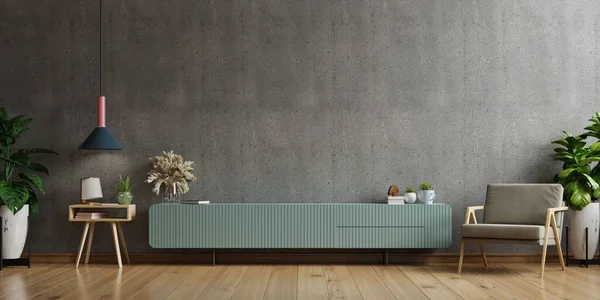 Modern oturma odasında, koltuğu, lambası, masası, çiçeği ve çimento duvar zemininde bitkisi olan kabine TV, 3D görüntüleme