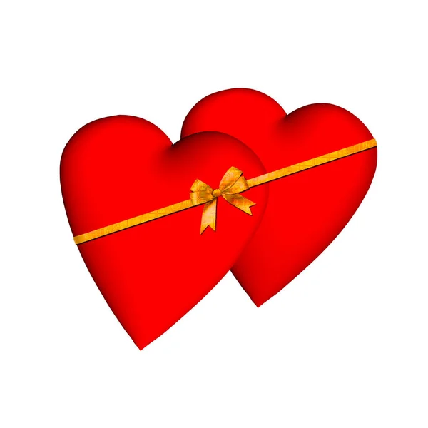Два Сердца Связанные Золотой Лентой Символизируют Общую Любовь — стоковое фото