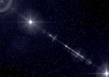 Tasarım elementi ya da arkaplan olarak kullanılmak üzere mercek parlaması olan yıldızlı bir gece gökyüzü.