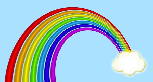 Gökyüzünün mavi arka planında, uzak bir bulutta biten canlı bir gökkuşağı tasarımı..