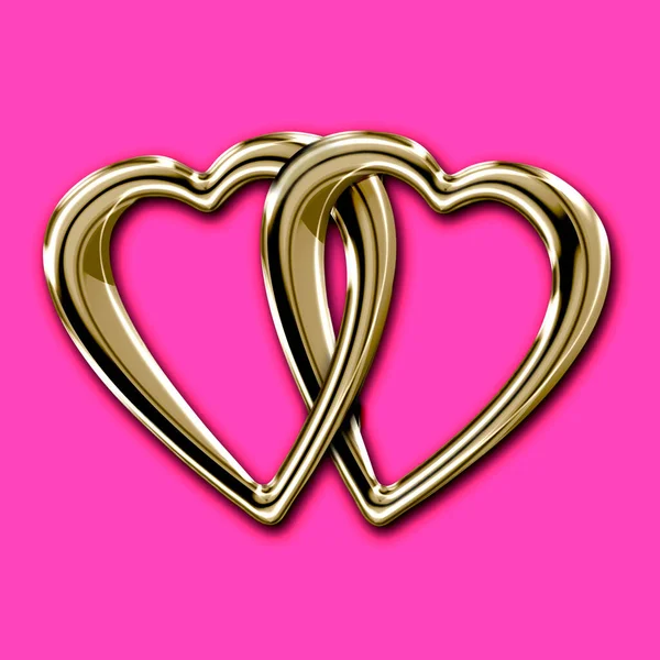 深いピンクの上に隔離された共通の愛のトークンとしてリンクされている2つの輝く黄金の心 — ストック写真