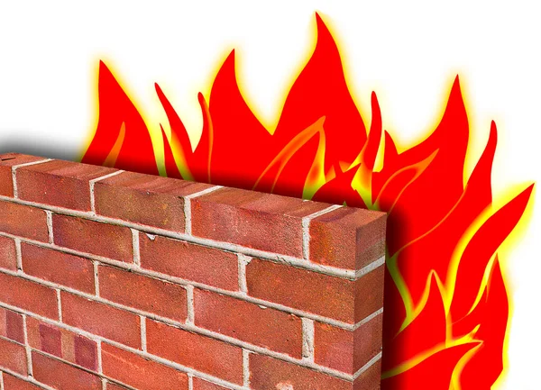 Eine Firewall Dargestellt Rotem Backstein Hält Ein Feuer Zurück Computersicherheit — Stockfoto