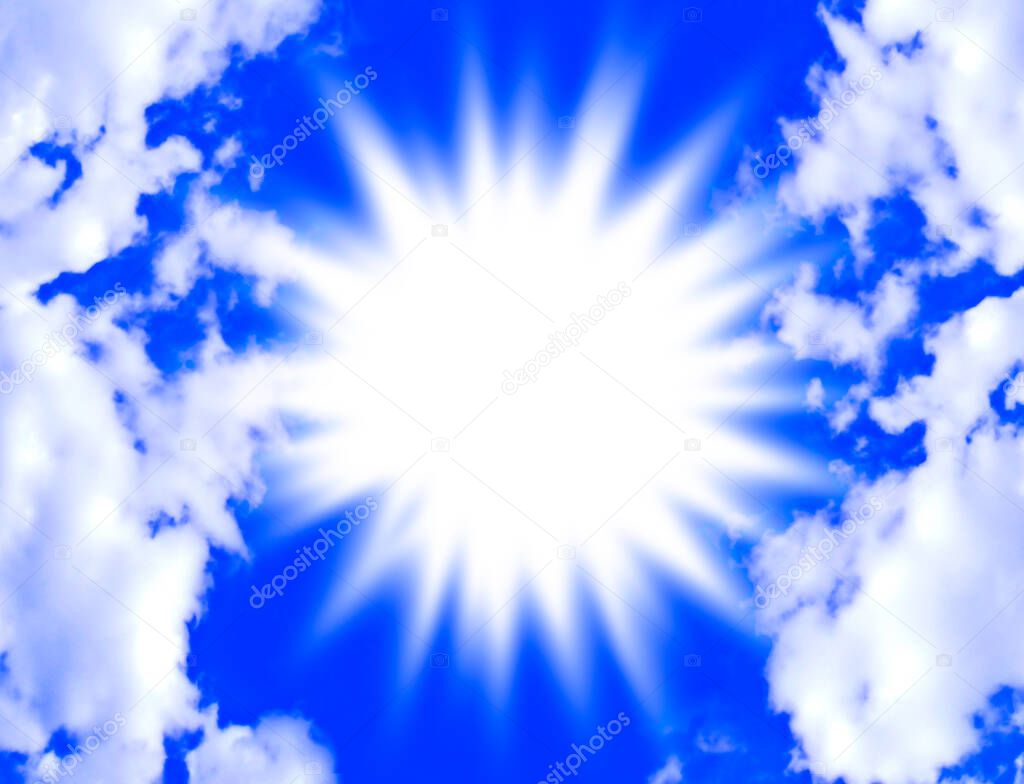 A brilliant burst of light in a bright blue sky framed by fluffy white clouds.
