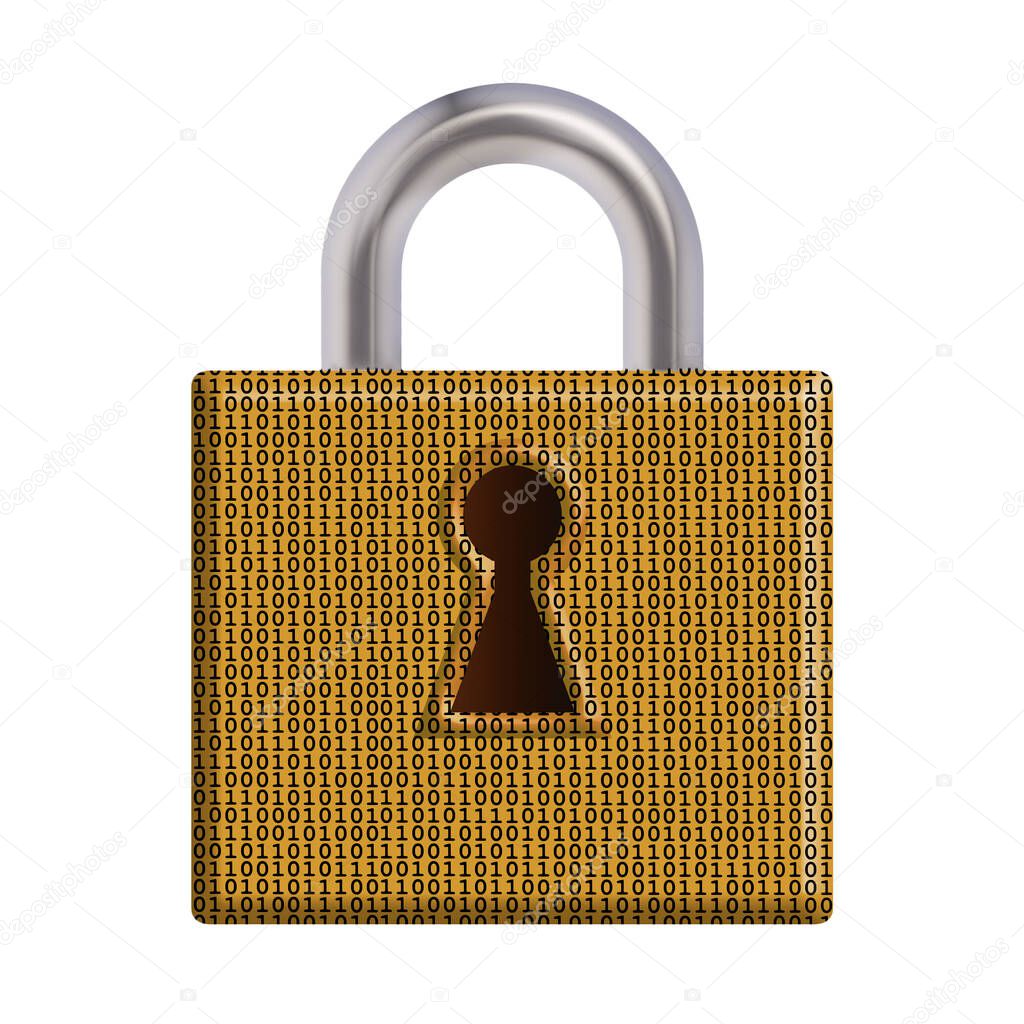 Data security represented by a padlock overlayed with a pattern of electronic, binary data. 