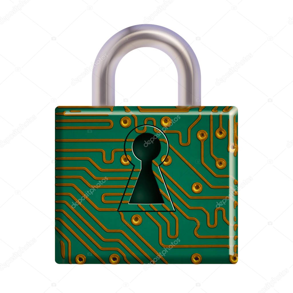 Electronics security represented by a locked padlock with a circuit board design.