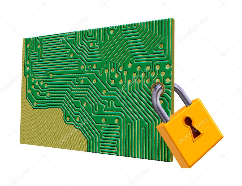 Data security represented by a padlock on a circuit board.