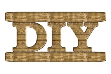 Beyaz arka planda izole edilmiş ahşap efektli cesur bir DIY işareti
