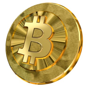 Sanal para birimini temsil eden ikili kod dizaynlı parlak bir altın bitcoin çizimi. 