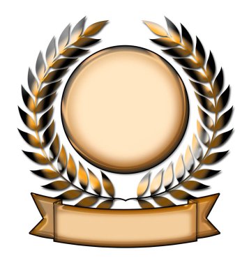 Golden laurel wreath award emblem with banner isolated on white clipart