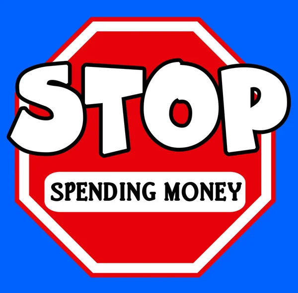 Bir çizgi film stili, sekizgen Para Harcamayı Durdur işareti kırmızı ve beyaz olarak mavi arka planda
