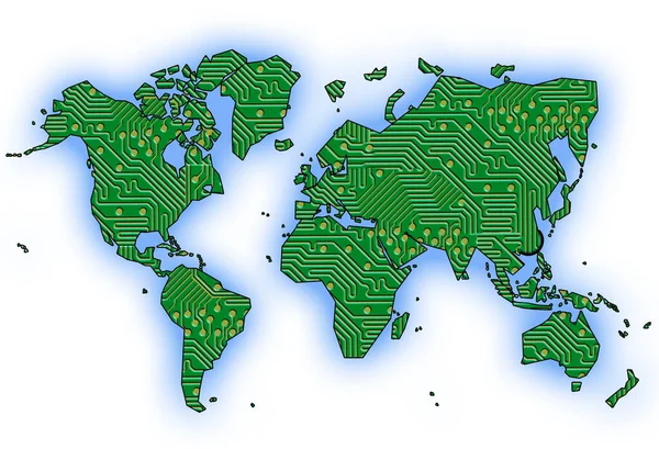 World map with circuit board design and blue seas on white.