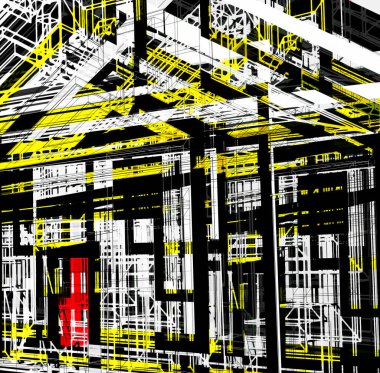 Kırmızı ve sarı lekeli modern mimariyi ve gelecekçi yapıyı temsil eden karmaşık bir çizgi..