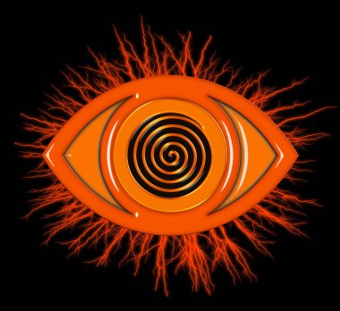 Siyah üzerine izole edilmiş turuncu renkli spiral ve elektrik efektli göz simgesi