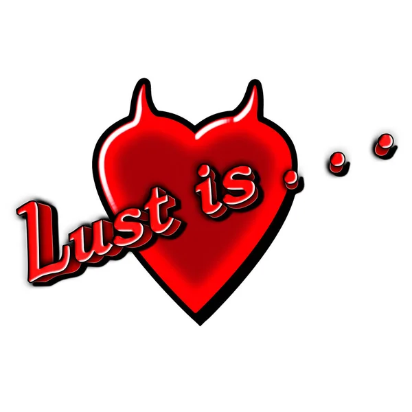 Şeytan boynuzlarıyla süslenmiş neşeli bir kalp motifi. Şehvet kelimesi beyaz bir arka planda izole edilmiş.