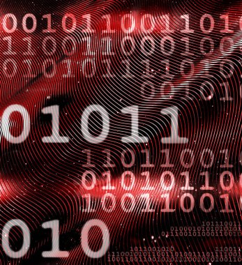 Kırmızı üzerinde beyaz sayılar bulunan soyut bir veri akışı arkaplanı