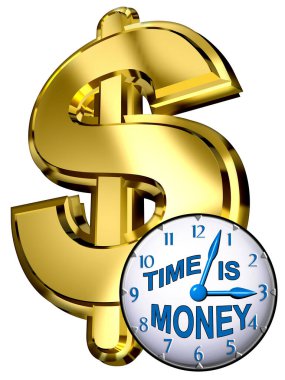 Time is Money metin ve beyaz arka planda izole edilmiş 3 boyutlu ABD dolar işareti ile iş için bir saat yüz tasarımı