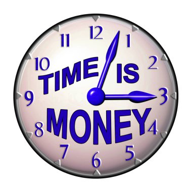 Bir ofis duvar saati yüz tasarımı ile metin Zamanı mavi para beyaz arka planda izole