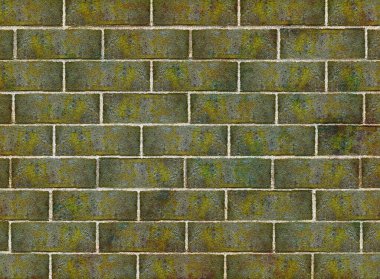 Yeşil ve kahverengi tonlarında küf ve kirli liken ile eski bir tuğla duvar.